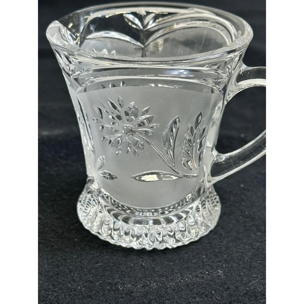 Vintage Frosted Floral Glass Creamer Pitcher Daisy Wheat Cut Design Starburst